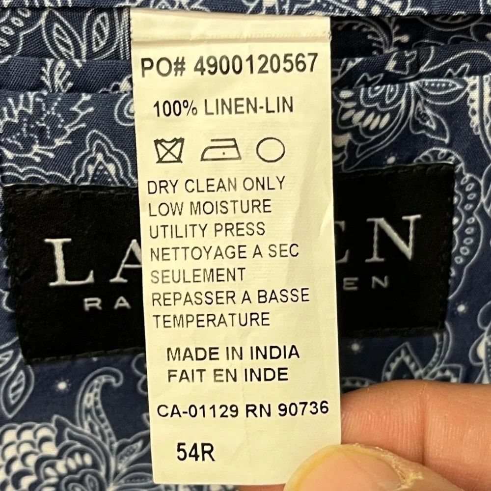 Lauren Ralph Lauren Suit Coat Blazer Men 54R Navy Blue 100% Linen Paisley Lining